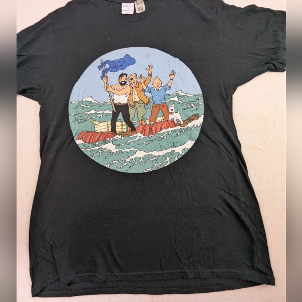 Adventures Of Tin Tin Black Tee shirt With Bold Graphic Of Tin Tin On The Sea M